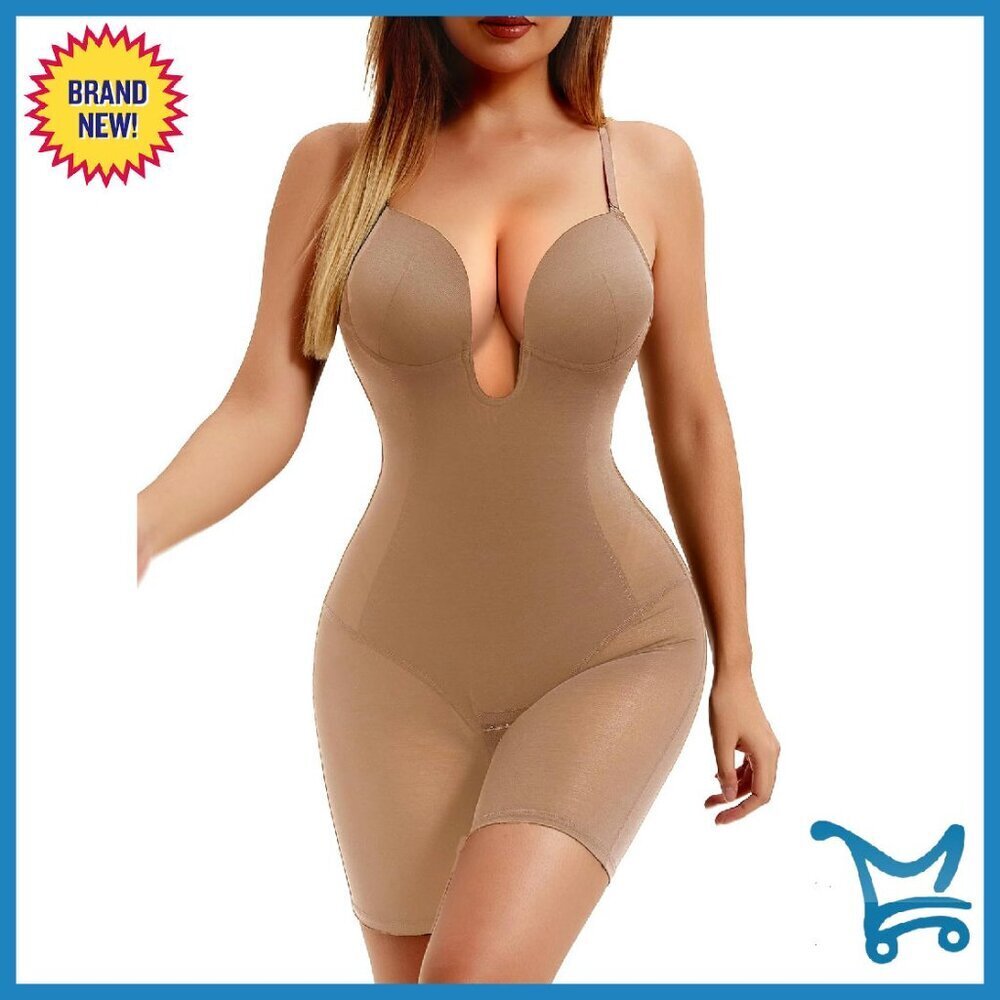 Strapless Bodysuit Shapewear Tummy Control Plunge Backless Mid Thigh